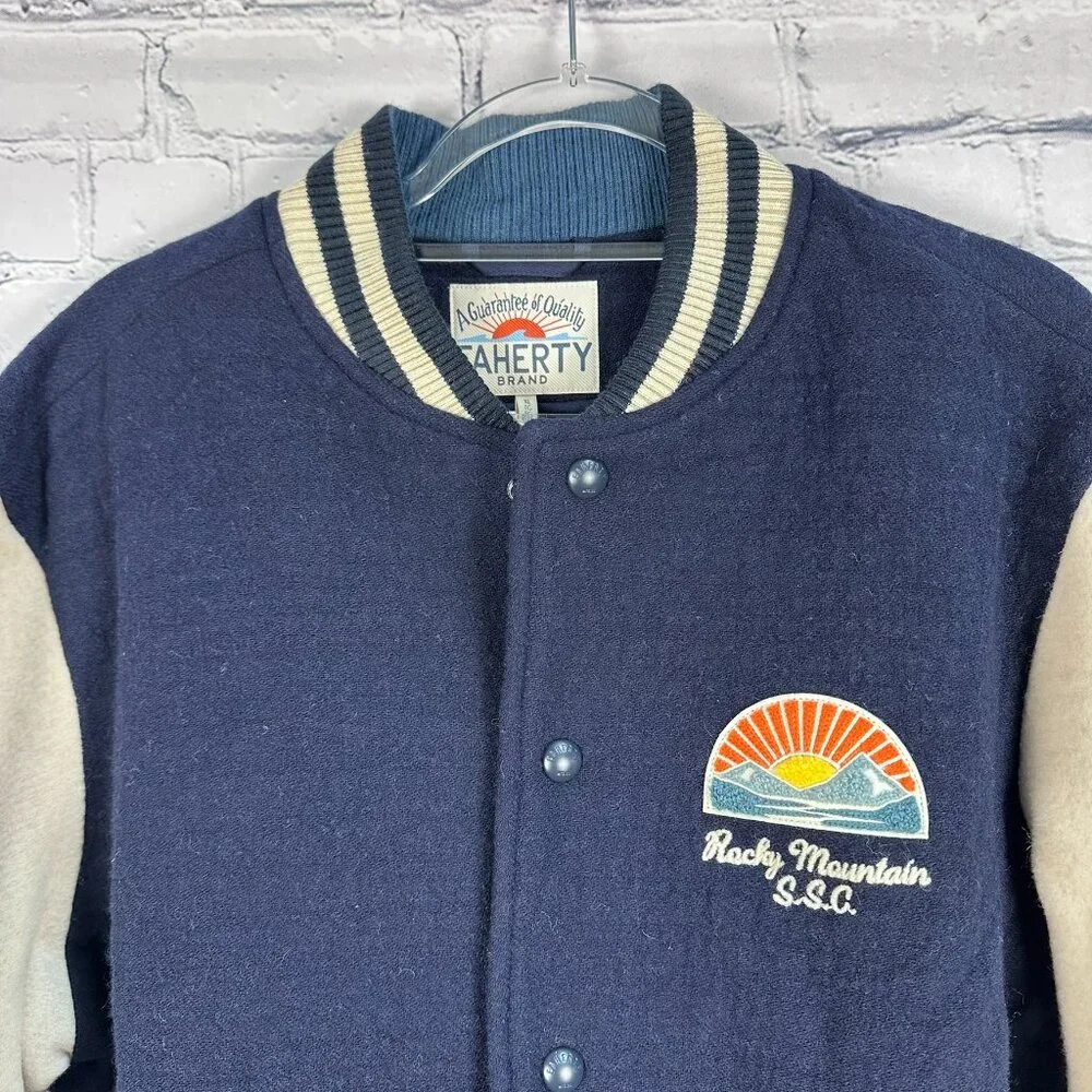 Faherty‎ Men's Wool-Blend Embroidered Throwback Varsity Jacket, Size XL, Navy